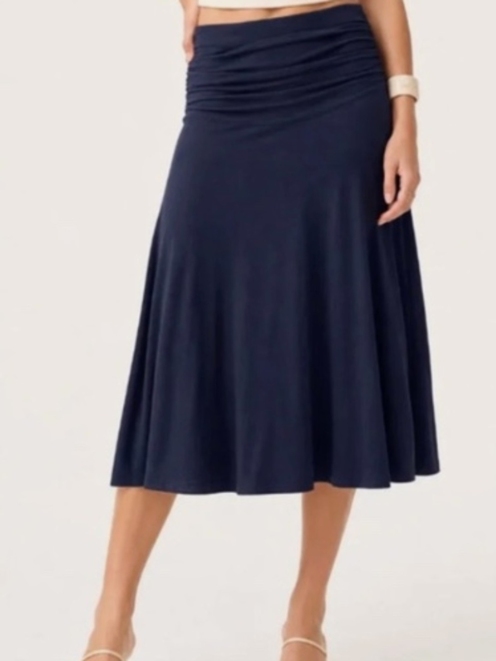 OGL Skirt Size XS NEW Flowy Side Ruched A-line Midi Skirt Eco-SkinKiss Navy Blue